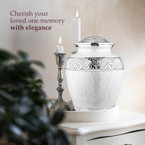 Silky Flower Store Trupoint Memorials Cremation Urn for Human Ashes, Large White Silver Lined Adult Memorial Urn, 9.5 x 7 inches 3 3 Product: Trupoint Memorials Cremation Urns for Human Ashes, Decorative Burial Urn for Adult Men and Women, Large White with Silver Lining