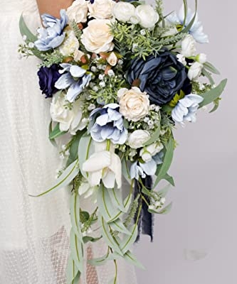 Silky Flower Store Navy Blue Bridal Bouquet, Cascading Wedding Bouquet, Faux Roses Eucalyptus, Wedding Decor, 12 Inch 12 12 Product: BENCENTRE 12 Inch Navy Blue Bridal Bouquet, Cascading Bouquet, Wedding Bouquet,for Wedding Ceremony Anniversary, Bridal Party and French Rustic Vintage Wedding, Artificial Flowers