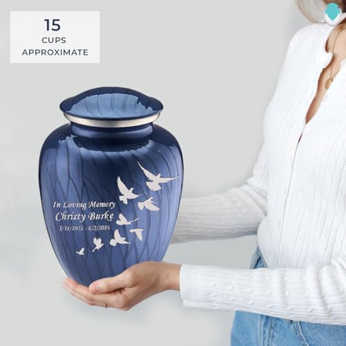 Product: Geturns Embrace Adult Personalized Doves Cremation Urns for Human Ashes I Large Pearl Cobalt Blue Funeral Urn for Adult Men and Women with Double Side Engraving I 200 lbs