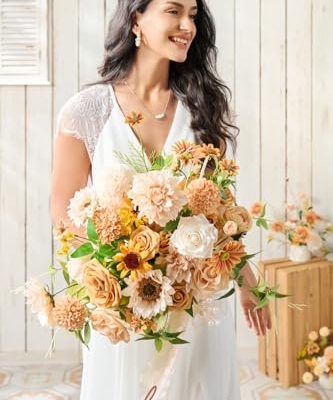 Silky Flower Store Sunflower Bridal Bouquet, Orange Wedding Bouquet for Bride, Silk Free Form Wedding Flowers, 15 Inch 13 13 Product: Ling's Moment Sunflower Bridal Bouquet, Orange Wedding Bouquets for Bride, 15 Inch Silk Free Form Bridal Bouquets Artificial Wedding Flower Bouquet