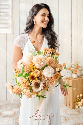 Silky Flower Store Sunflower Bridal Bouquet, Orange Wedding Bouquet for Bride, Silk Free Form Wedding Flowers, 15 Inch 4 4 Product: Ling's Moment Sunflower Bridal Bouquet, Orange Wedding Bouquets for Bride, 15 Inch Silk Free Form Bridal Bouquets Artificial Wedding Flower Bouquet