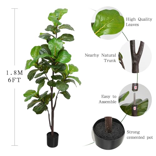 Silky Flower Store Artificial Fiddle Leaf Fig Tree, Large Faux Ficus Lyrata Silk Tree with Pot, 6ft 1 1 Product: Artificial Fiddle Leaf Fig Tree 6ft, Large Faux Plant Fake Ficus lyrata Silk Trees with Pot for Indoor Outdoor House Living Room Office Home Decor