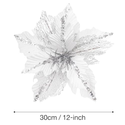 Silky Flower Store Christmas Poinsettia Artificial Flower Picks, White Velvet Glitter Floral Spray, Set of 6, 12in 7 7 Product: KI Store Large Christmas Poinsettia 6pcs Artificial Flower Picks Spray for Christmas Tree Decoration Wreath Garland (White)