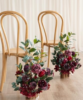 Silky Flower Store Bordeaux Red Artificial Wedding Flower Arrangements, 4 Piece Ceremony Aisle Decor, Tall Standing Faux Florals 17.5in 8 8 Product: Ling's Moment 17.5" Tall Standing Artificial Flowers Arrangements 4pcs Fall Wedding Aisle Runner Chair Decorations Bordeaux Red Centerpieces for Ceremony Reception Rose Floral Party Outdoor