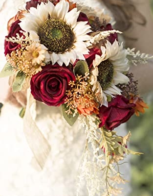 Product: Ansofi 9 Inch Vintage Sunflower Wedding Bouquets for Bride Artificial Burgundy Rose Cascading Bridal Bouquet Burnt Orange Rustic Toss Bouquet for Wedding Ceremony Party Church Decor