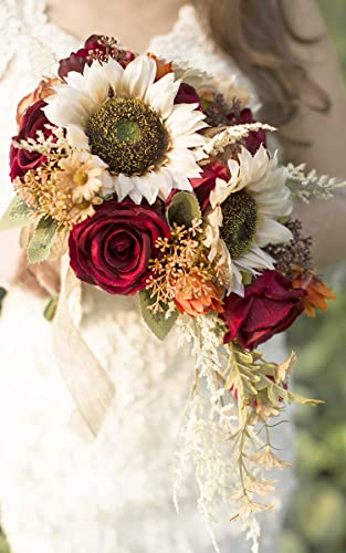 Product: Ansofi 9 Inch Vintage Sunflower Wedding Bouquets for Bride Artificial Burgundy Rose Cascading Bridal Bouquet Burnt Orange Rustic Toss Bouquet for Wedding Ceremony Party Church Decor