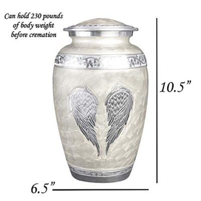 Product: White Angel Wings Funeral Cremation Urn with Mathcing Keepsake Velvet Bags and Personalization (Pearl White, Large)