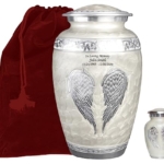 Product: White Angel Wings Funeral Cremation Urn with Mathcing Keepsake Velvet Bags and Personalization (Pearl White, Large)