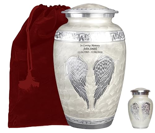 Product: White Angel Wings Funeral Cremation Urn with Mathcing Keepsake Velvet Bags and Personalization (Pearl White, Large)