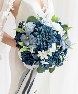 Silky Flower Store Navy Blue Bridal Bouquet, Silk Artificial Wedding Flowers, Round Wedding Bouquet, 13 Inch 7 7 Product: Ling's Moment Navy Blue Bridal Bouquet for Bride, Blue Wedding Bouquets for Bride, 13 Inch Silk Round Artificial Wedding Flowers Bouquets