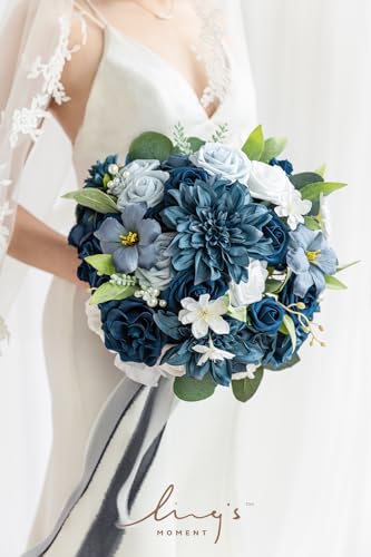 Silky Flower Store Navy Blue Bridal Bouquet, Silk Artificial Wedding Flowers, Round Wedding Bouquet, 13 Inch 2 2 Product: Ling's Moment Navy Blue Bridal Bouquet for Bride, Blue Wedding Bouquets for Bride, 13 Inch Silk Round Artificial Wedding Flowers Bouquets
