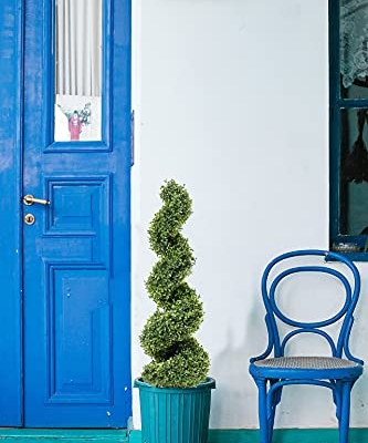 Product: 35 Inch Artificial Boxwood Topiary Tree Spiral Plants Fake Faux Plant Decor in Plastic Pot Green Indoor or Outdoor, Set of 2