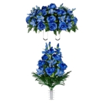 Product: Sympathy Silks Artificial Cemetery Flowers - Gravesite Flowers - Blue Gladiolus Roses, Lilies - (1) Headstone Flower Saddle & (1) Matching Bouquet