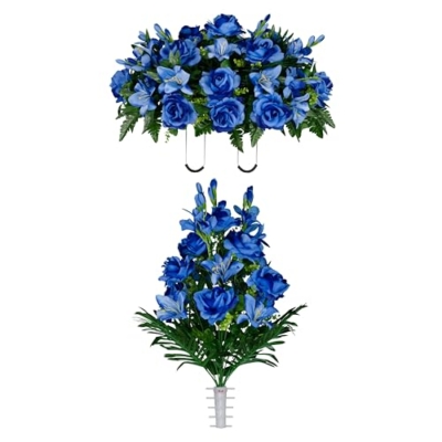 Product: Sympathy Silks Artificial Cemetery Flowers - Gravesite Flowers - Blue Gladiolus Roses, Lilies - (1) Headstone Flower Saddle & (1) Matching Bouquet