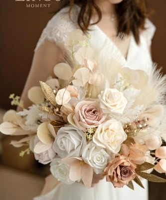 Product: Ling's Moment Boho Wedding Bouquets for Bride, White Beige and Gold Bridal Bouquets for Bride, 15 Inch Free Form Artificial Wedding Flower Bouquet