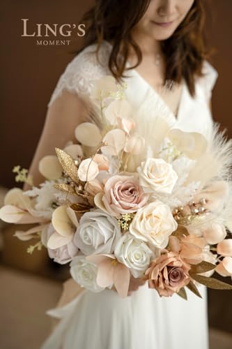 Product: Ling's Moment Boho Wedding Bouquets for Bride, White Beige and Gold Bridal Bouquets for Bride, 15 Inch Free Form Artificial Wedding Flower Bouquet