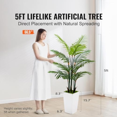 Product: 5FT Real Touch Artificial Palm Tree with White Planter - Faux Tropical Areca Floor Plant for Home & Office Décor