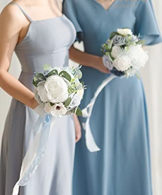 Product: Ling's Moment Dusty Blue Wedding Bouquets Package - 11" Bridal Bouquet, Bridesmaid Bouquets (Set of 4), Boutonnieres for Men (Set of 6), Wrist Corsage Bracelet (Set of 6)