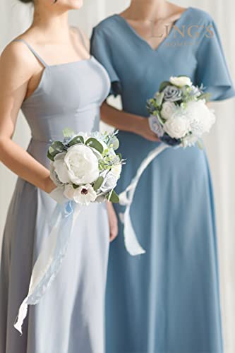 Product: Ling's Moment Dusty Blue Wedding Bouquets Package - 11" Bridal Bouquet, Bridesmaid Bouquets (Set of 4), Boutonnieres for Men (Set of 6), Wrist Corsage Bracelet (Set of 6)
