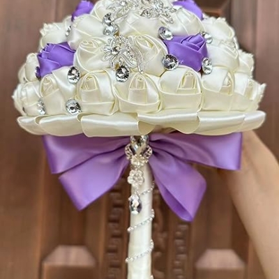 Product: Sharebeauty 9.4" Handmade Satin Rose Bridal Bouquet Toss Round Wedding Bouquet Throw Toss Artificial Flower Bunch Ivory + Bright Lavender