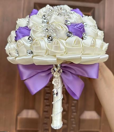 Product: Sharebeauty 9.4" Handmade Satin Rose Bridal Bouquet Toss Round Wedding Bouquet Throw Toss Artificial Flower Bunch Ivory + Bright Lavender