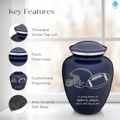 Product: Geturns Embrace Adult Personalized Football Cremation Urns for Human Ashes I Large Cobalt Blue Funeral Urn for Adult Men and Women with Double Side Engraving I 200 lbs