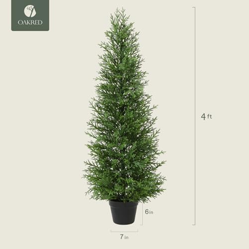Product: 4FT OAKRED Artificial Cedar Topiary Trees - UV-Protected Norfolk Pine Set for Year-Round Outdoor & Indoor Decor