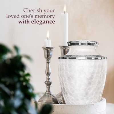 Silky Flower Store Memorial Cremation Urn for Human Ashes, Large Decorative Burial Urn, Opal White Silver Lining, 20.5cm 10 10 Product: Trupoint Memorials Cremation Urns for Human Ashes, Decorative Burial Urn for Adult Men and Women, Large Opal with Silver Lining