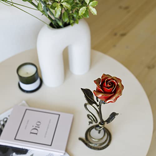 Product: Red Iron Rose with Metal Stand - 6th Aniiversary Flower for Her - Hand Forged Long-Lasting Home Decor Figurine