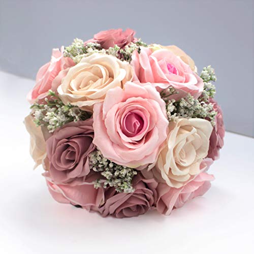 Silky Flower Store Bridal Bouquet Dusty Pink Champagne Roses Real Touch Babybreath, Wedding Flower Bouquet, 9inches 1 1 Product: Abbie Home Bridal Bouquet - 9 inches Dusty Pink Champagne Roses Real Touch Babybreath Wedding Flower (Bouquet)