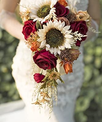 Product: Ansofi 9 Inch Vintage Sunflower Wedding Bouquets for Bride Artificial Burgundy Rose Cascading Bridal Bouquet Burnt Orange Rustic Toss Bouquet for Wedding Ceremony Party Church Decor