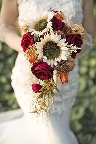 Product: Ansofi 9 Inch Vintage Sunflower Wedding Bouquets for Bride Artificial Burgundy Rose Cascading Bridal Bouquet Burnt Orange Rustic Toss Bouquet for Wedding Ceremony Party Church Decor