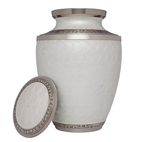 Product: Liliane Memorials White Funeral Urn Cremation Urn for Human Ashes - Hand Made in Brass - Suitable for Cemetery Burial or Niche- Large Size fits Remains of Adults up to 200 lbs- Petals White Model