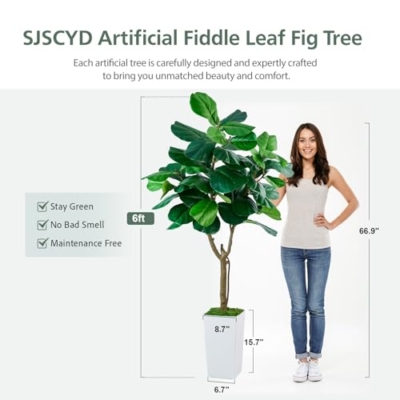 Product: SJSCYD Fiddle Leaf Fig Tree, 6ft Artificial Tree with White Tall Planter, Large Faux Plants Indoor, Fake Fig Tree in Pot for Home Office Bedroom Living Room Decor Garden Outdoor Housewarming Gift