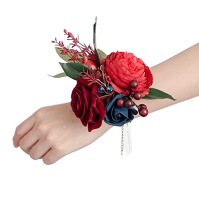 Product: Ling's Moment 6pcs Wedding Wrist Corsage Artificial Flowers, Girl/Mother Homecoming Prom Corsages Wristlet Décor, etc. Burgundy and Navy Blue