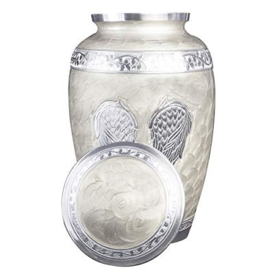 Product: White Angel Wings Funeral Cremation Urn with Mathcing Keepsake Velvet Bags and Personalization (Pearl White, Large)
