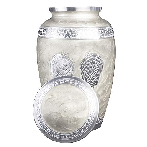 Product: White Angel Wings Funeral Cremation Urn with Mathcing Keepsake Velvet Bags and Personalization (Pearl White, Large)