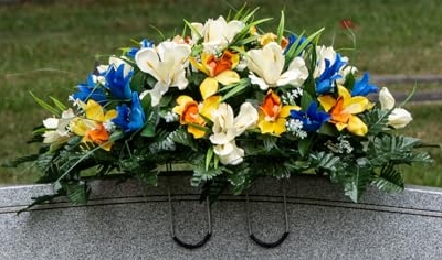 Silky Flower Store Artificial Cemetery Flowers, Blue Tulip White Iris Headstone Saddle, Outdoor Grave Decoration, 30cm 17 17 Product: Sympathy Silks Artificial Cemetery Flowers – Realistic Vibrant Tulips, Outdoor Grave Decorations - 30" Blue Tulip White Iris Saddle for Headstone
