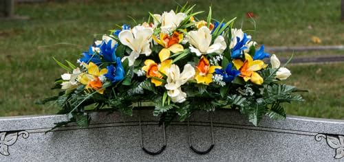 Silky Flower Store Artificial Cemetery Flowers, Blue Tulip White Iris Headstone Saddle, Outdoor Grave Decoration, 30cm 8 8 Product: Sympathy Silks Artificial Cemetery Flowers – Realistic Vibrant Tulips, Outdoor Grave Decorations - 30" Blue Tulip White Iris Saddle for Headstone