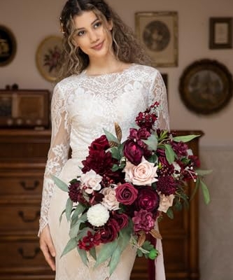 Silky Flower Store Red Burgundy Blush Bridal Bouquet, Artificial Wedding Flower Bouquet, Lings Moment, 17 Inch 10 10 Product: Ling's Moment Red Wedding Bouquets for Bride, Burgundy and Blush Bridal Bouquets for Bride,17 Inch Free Form Artificial Wedding Flower Bouquet
