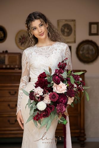 Silky Flower Store Red Burgundy Blush Bridal Bouquet, Artificial Wedding Flower Bouquet, Lings Moment, 17 Inch 2 2 Product: Ling's Moment Red Wedding Bouquets for Bride, Burgundy and Blush Bridal Bouquets for Bride,17 Inch Free Form Artificial Wedding Flower Bouquet