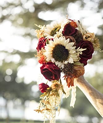 Product: Ansofi 9 Inch Vintage Sunflower Wedding Bouquets for Bride Artificial Burgundy Rose Cascading Bridal Bouquet Burnt Orange Rustic Toss Bouquet for Wedding Ceremony Party Church Decor