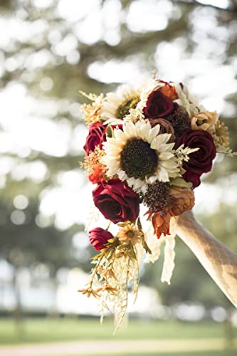 Product: Ansofi 9 Inch Vintage Sunflower Wedding Bouquets for Bride Artificial Burgundy Rose Cascading Bridal Bouquet Burnt Orange Rustic Toss Bouquet for Wedding Ceremony Party Church Decor