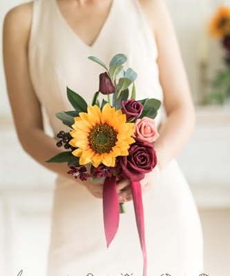Silky Flower Store Artificial Sunflower Bridesmaid Bouquet, Burgundy Sunflower Bridal Posy, Ling's Moment Set of 6, 7 Inch 5 5 Product: Ling's Moment Artificial Flowers Sunflower Bridesmaid Bouquet Set of 6, Burgundy & Sunflower Wedding Flowers Bouquets for Bridesmaids, 7 Inch Bridal Bouquets for Bridesmaids, Wedding, etc