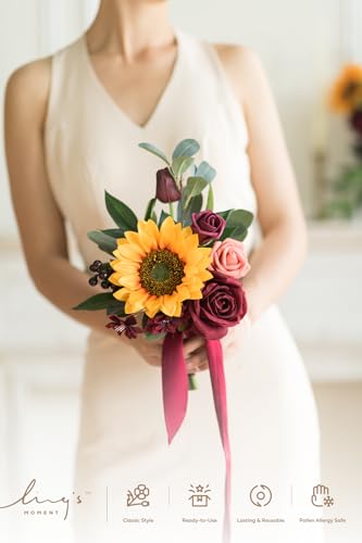 Silky Flower Store Artificial Sunflower Bridesmaid Bouquet, Burgundy Sunflower Bridal Posy, Ling's Moment Set of 6, 7 Inch 1 1 Product: Ling's Moment Artificial Flowers Sunflower Bridesmaid Bouquet Set of 6, Burgundy & Sunflower Wedding Flowers Bouquets for Bridesmaids, 7 Inch Bridal Bouquets for Bridesmaids, Wedding, etc