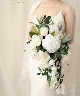 Silky Flower Store White Bridal Cascading Bouquet, Ivory Wedding Bouquet, Artificial Peony Rose Eucalyptus, Pearl Crystal Accents, 15 Inch 8 8 Product: Ling's Moment White Bridal Bouquet Cascading, Ivory Wedding Bouquets for Bride, 15 Inch Bride Bouquets for Wedding Artificial Flowers Bouquets