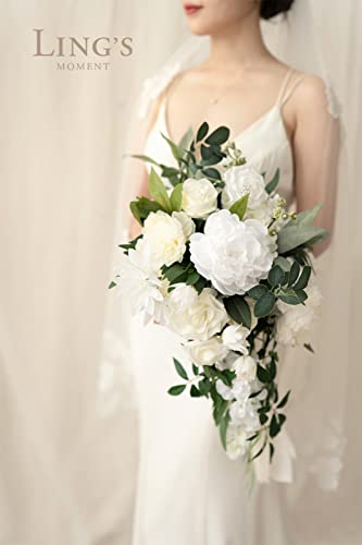 Silky Flower Store White Bridal Cascading Bouquet, Ivory Wedding Bouquet, Artificial Peony Rose Eucalyptus, Pearl Crystal Accents, 15 Inch 2 2 Product: Ling's Moment White Bridal Bouquet Cascading, Ivory Wedding Bouquets for Bride, 15 Inch Bride Bouquets for Wedding Artificial Flowers Bouquets