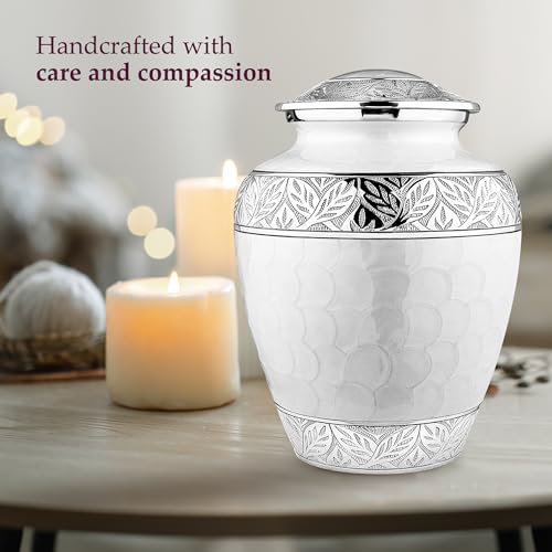 Silky Flower Store Trupoint Memorials Cremation Urn for Human Ashes, Large White Silver Lined Adult Memorial Urn, 9.5 x 7 inches 4 4 Product: Trupoint Memorials Cremation Urns for Human Ashes, Decorative Burial Urn for Adult Men and Women, Large White with Silver Lining