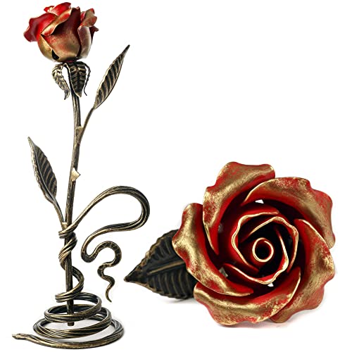 Product: Red Iron Rose with Metal Stand - 6th Aniiversary Flower for Her - Hand Forged Long-Lasting Home Decor Figurine
