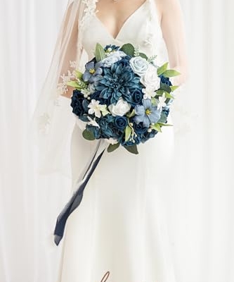 Silky Flower Store Navy Blue Bridal Bouquet, Silk Artificial Wedding Flowers, Round Wedding Bouquet, 13 Inch 6 6 Product: Ling's Moment Navy Blue Bridal Bouquet for Bride, Blue Wedding Bouquets for Bride, 13 Inch Silk Round Artificial Wedding Flowers Bouquets